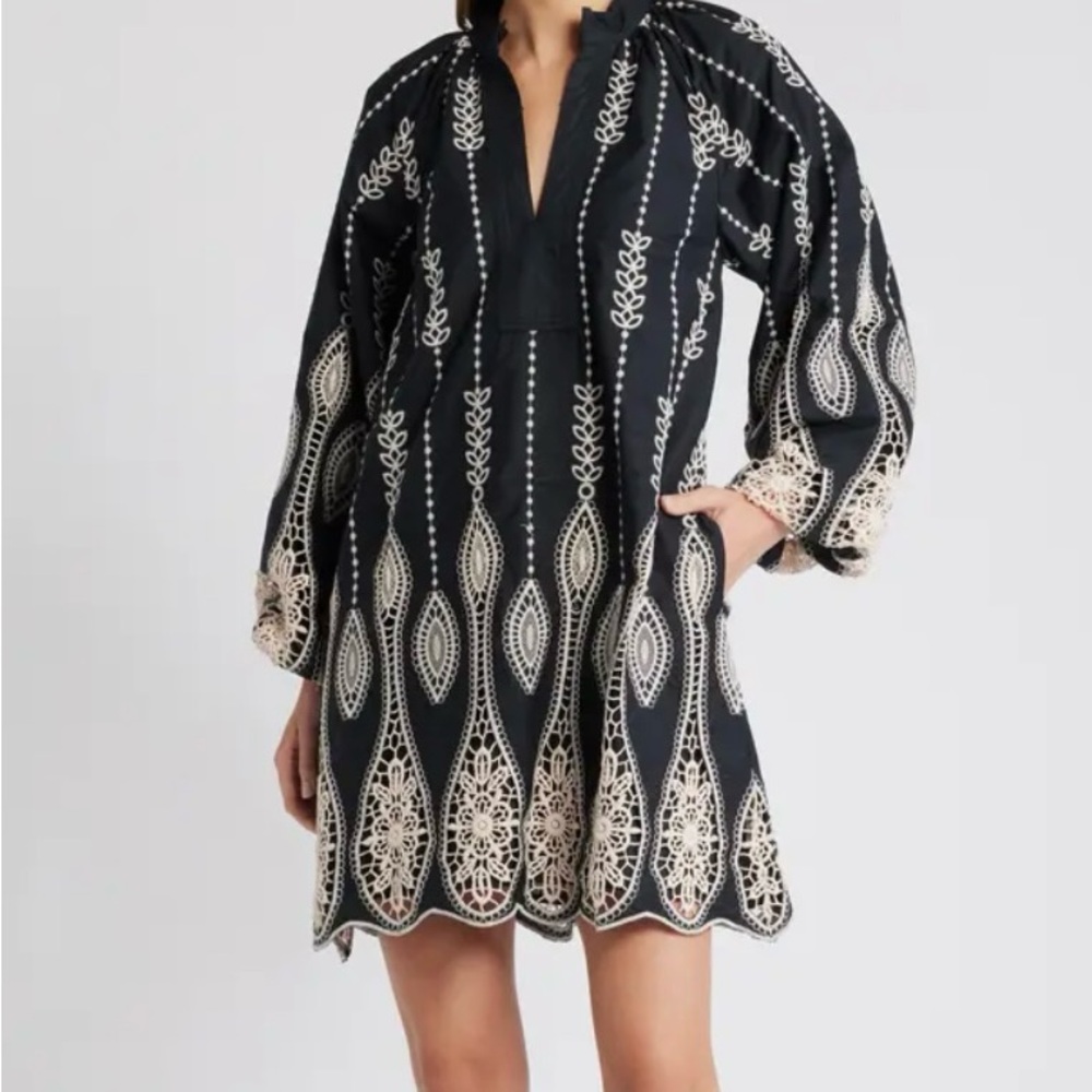 Embroidered Long Sleeve Cotton Shift Dress, Ciebon, Black, S